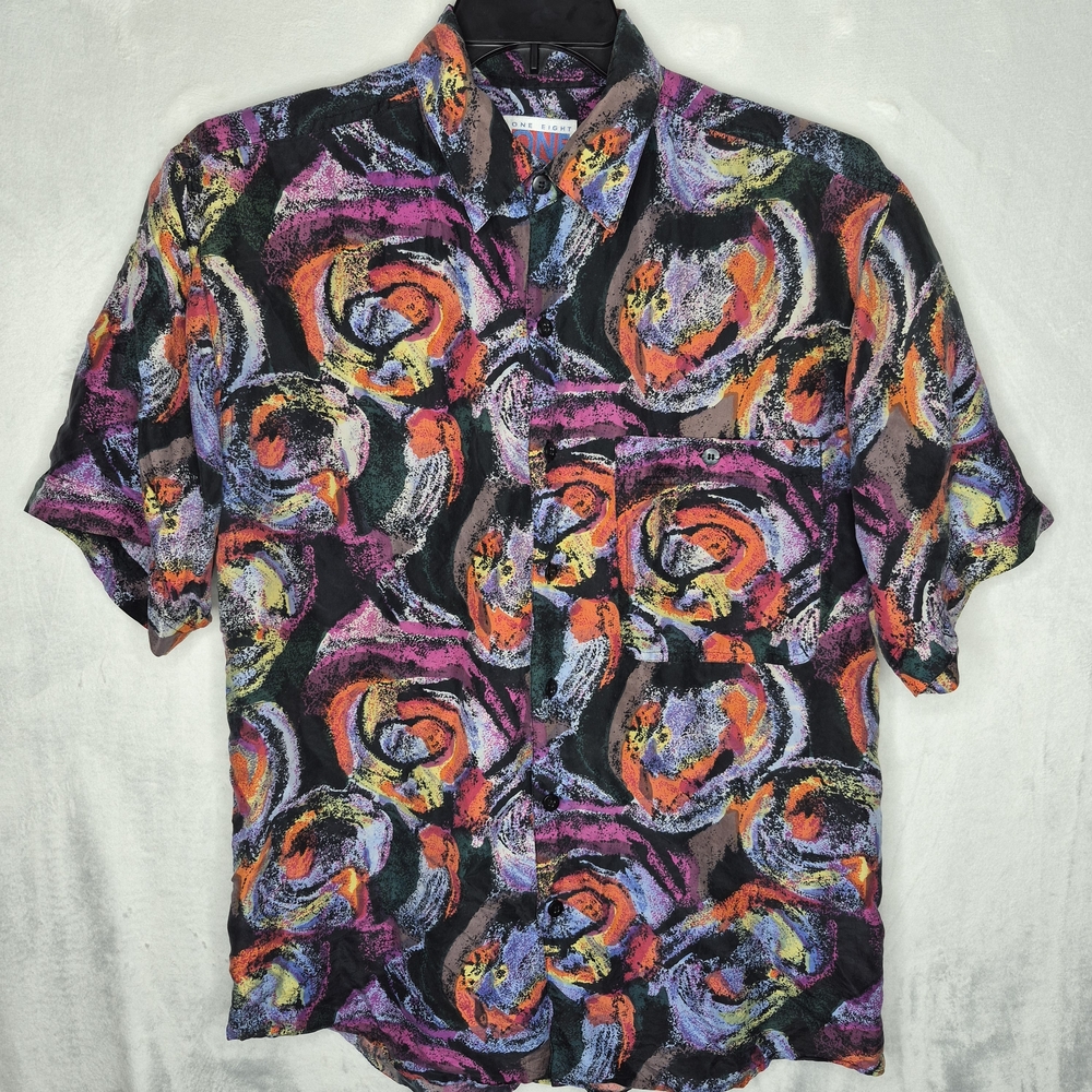 Vintage One Eight Hundred Multicolor Abstract Silk Button Down Shirt‎ Size Small
